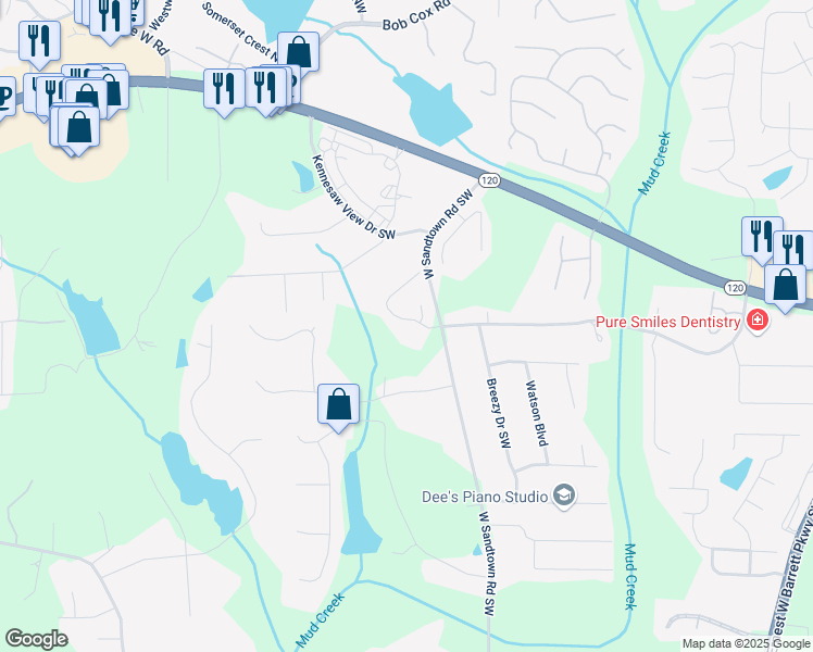 map of restaurants, bars, coffee shops, grocery stores, and more near 3051 Mountain Shadow Way in Marietta