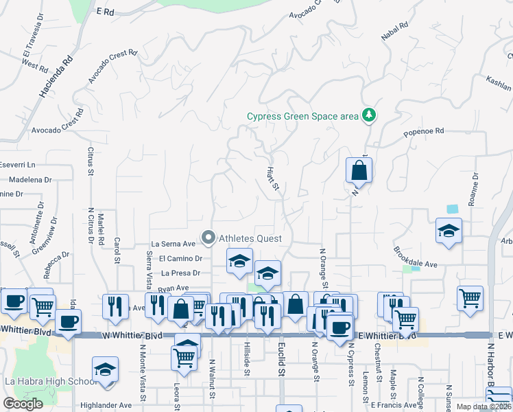 map of restaurants, bars, coffee shops, grocery stores, and more near West Hidden Lane in La Habra