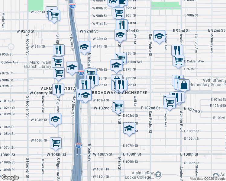 map of restaurants, bars, coffee shops, grocery stores, and more near 135 West 99th Street in Los Angeles