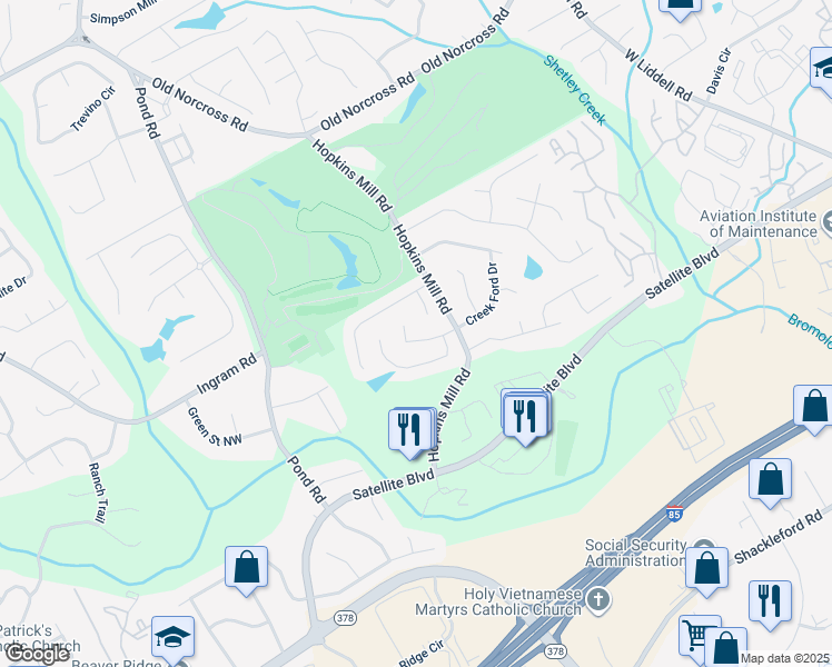 map of restaurants, bars, coffee shops, grocery stores, and more near 2165 Fairway View Lane in Duluth
