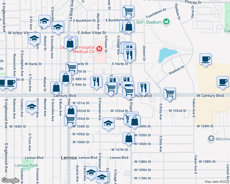 map of restaurants, bars, coffee shops, grocery stores, and more near 624 East 99th Street in Inglewood