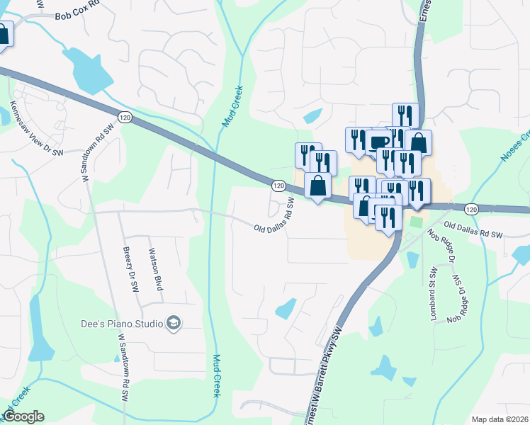 map of restaurants, bars, coffee shops, grocery stores, and more near 351 Ridge Hill Circle in Marietta