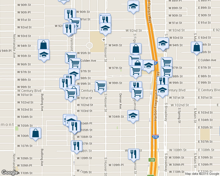 map of restaurants, bars, coffee shops, grocery stores, and more near 647 West Century Boulevard in Los Angeles
