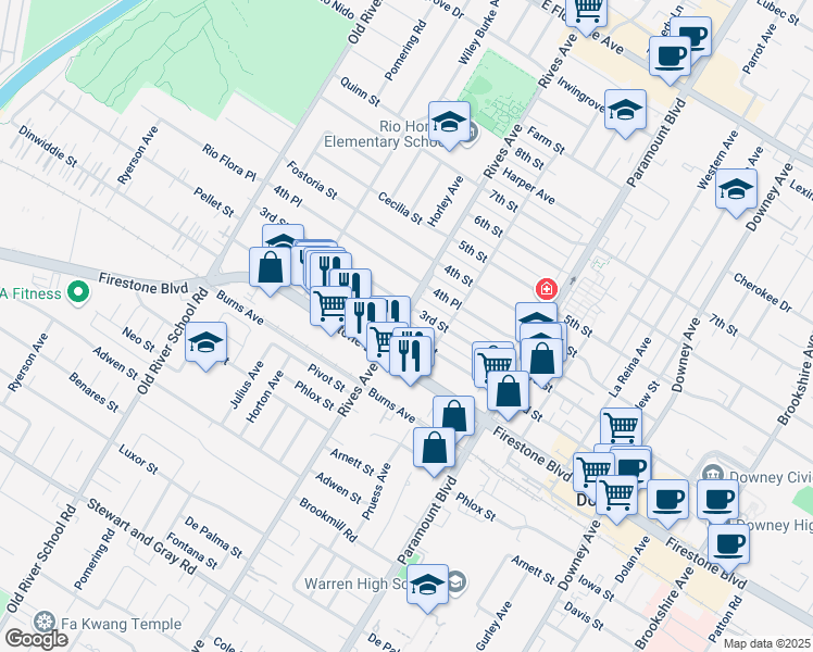 map of restaurants, bars, coffee shops, grocery stores, and more near 7801 2nd Street in Downey