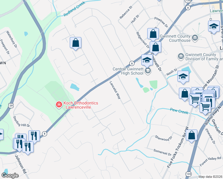 map of restaurants, bars, coffee shops, grocery stores, and more near 123 Lancelot Way in Lawrenceville