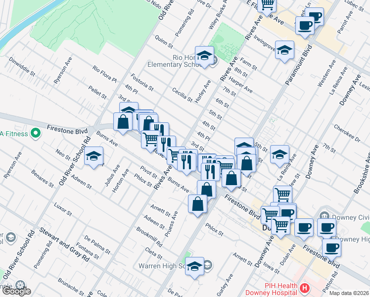 map of restaurants, bars, coffee shops, grocery stores, and more near 7801 2nd Street in Downey