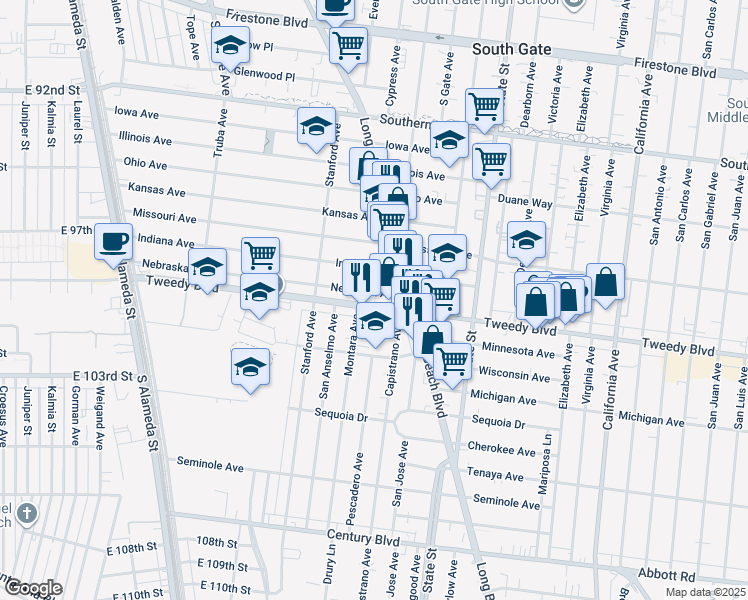map of restaurants, bars, coffee shops, grocery stores, and more near 3022 Nebraska Avenue in South Gate