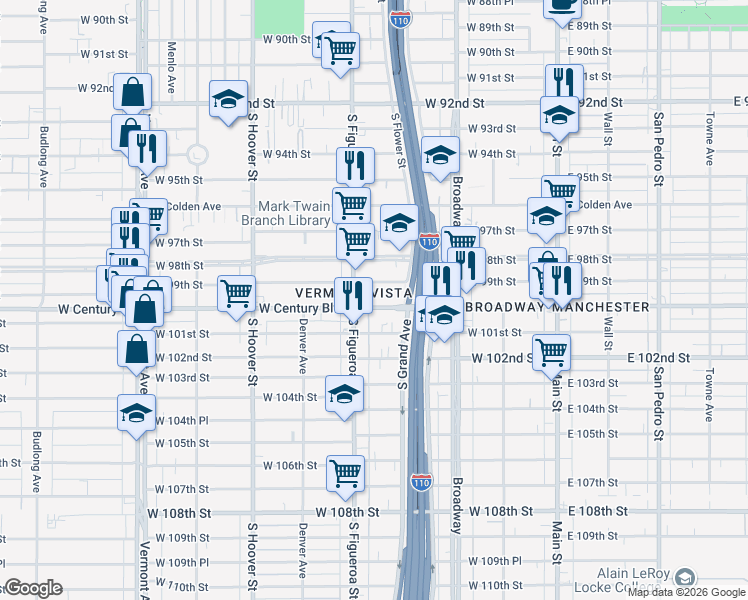 map of restaurants, bars, coffee shops, grocery stores, and more near 433 West Century Boulevard in Los Angeles
