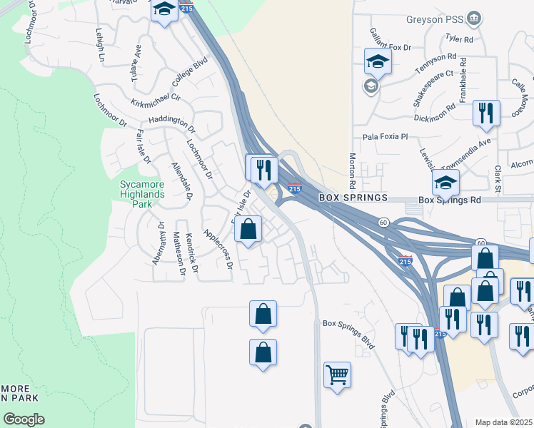 map of restaurants, bars, coffee shops, grocery stores, and more near 5880 Lochmoor Drive in Riverside