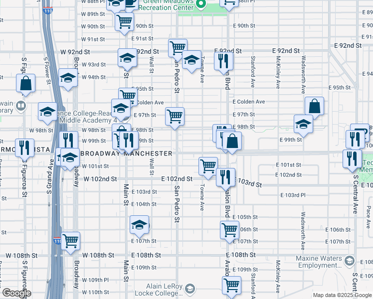 map of restaurants, bars, coffee shops, grocery stores, and more near 323 East Century Boulevard in Los Angeles