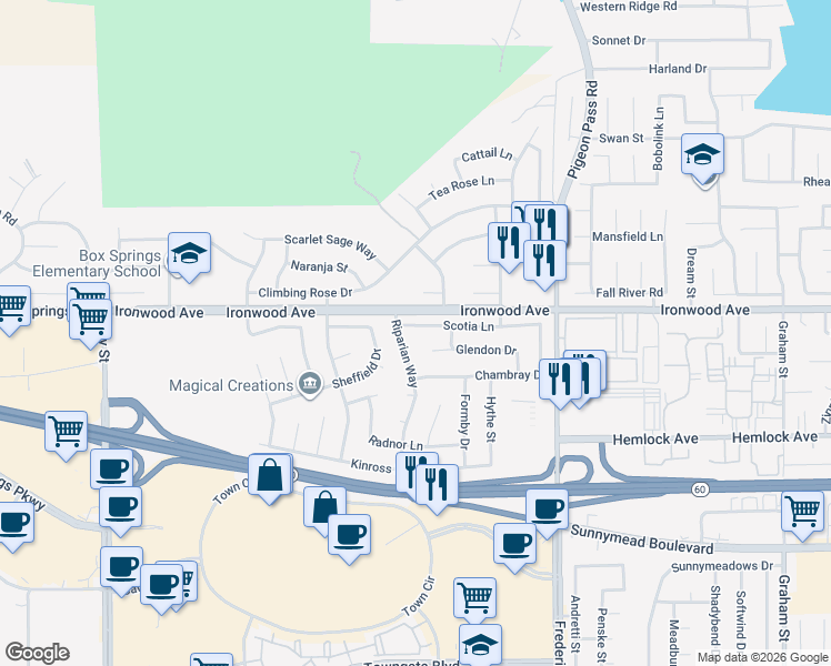 map of restaurants, bars, coffee shops, grocery stores, and more near 22696 Scotia Lane in Moreno Valley