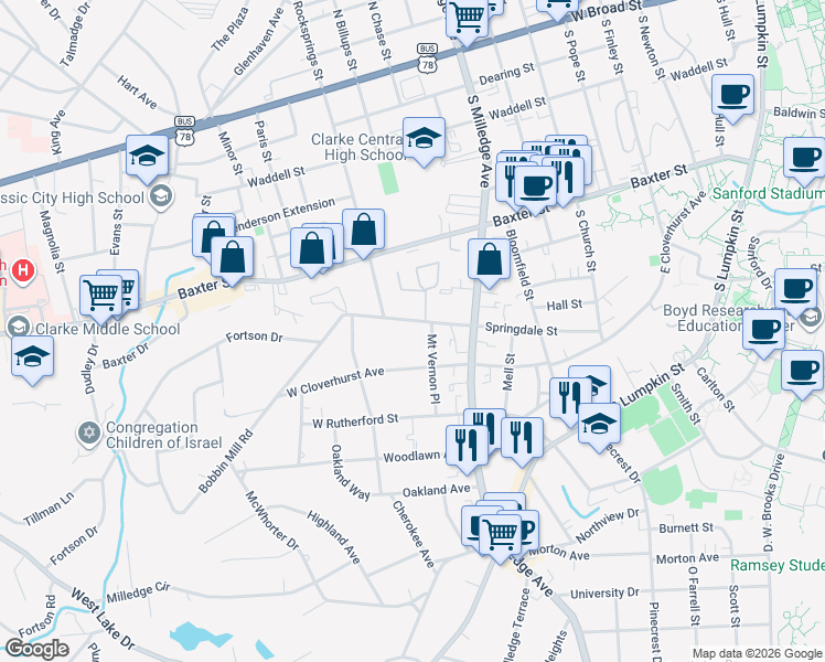 map of restaurants, bars, coffee shops, grocery stores, and more near 87-99 Myrna Court in Athens