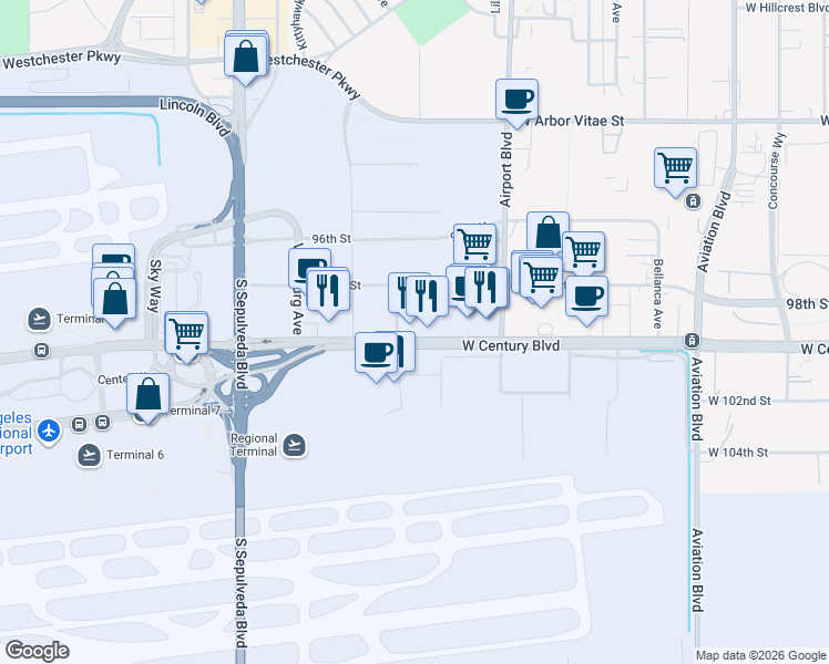 map of restaurants, bars, coffee shops, grocery stores, and more near 6033 West Century Boulevard in Los Angeles