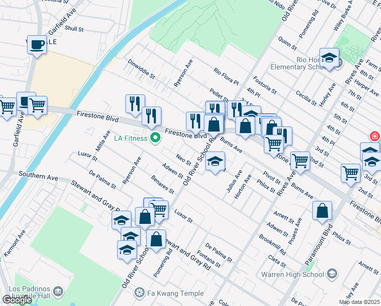 map of restaurants, bars, coffee shops, grocery stores, and more near 11506 Adco Avenue in Downey