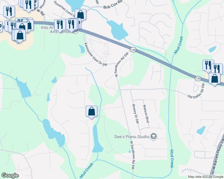 map of restaurants, bars, coffee shops, grocery stores, and more near 310 Banfield Court in Marietta