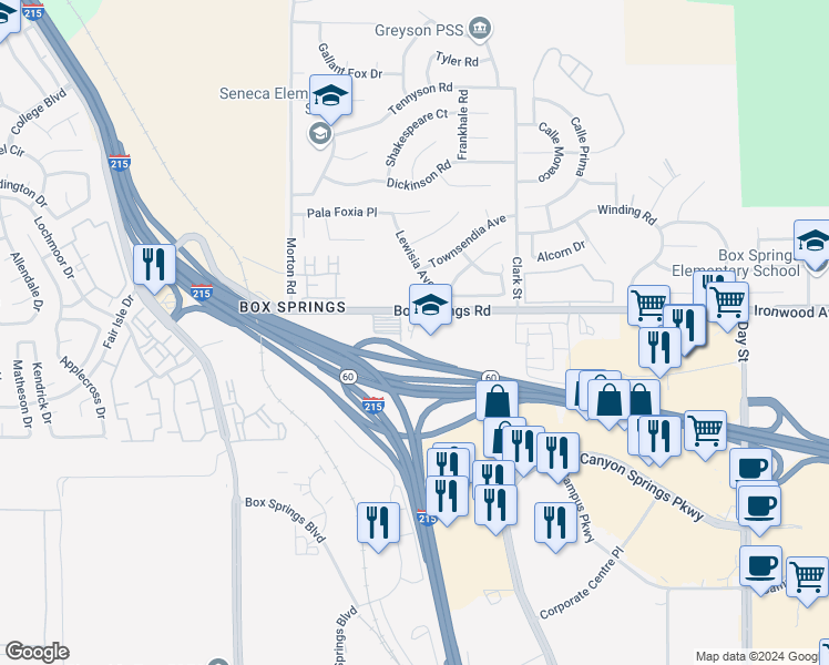 map of restaurants, bars, coffee shops, grocery stores, and more near 21320 Box Springs Road in Moreno Valley