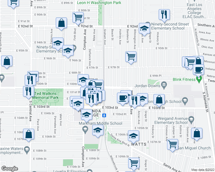map of restaurants, bars, coffee shops, grocery stores, and more near 1705 East Century Boulevard in Los Angeles