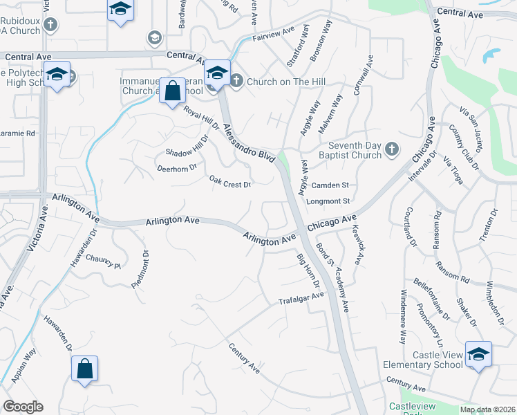 map of restaurants, bars, coffee shops, grocery stores, and more near 2197 Falcon Crest Drive in Riverside