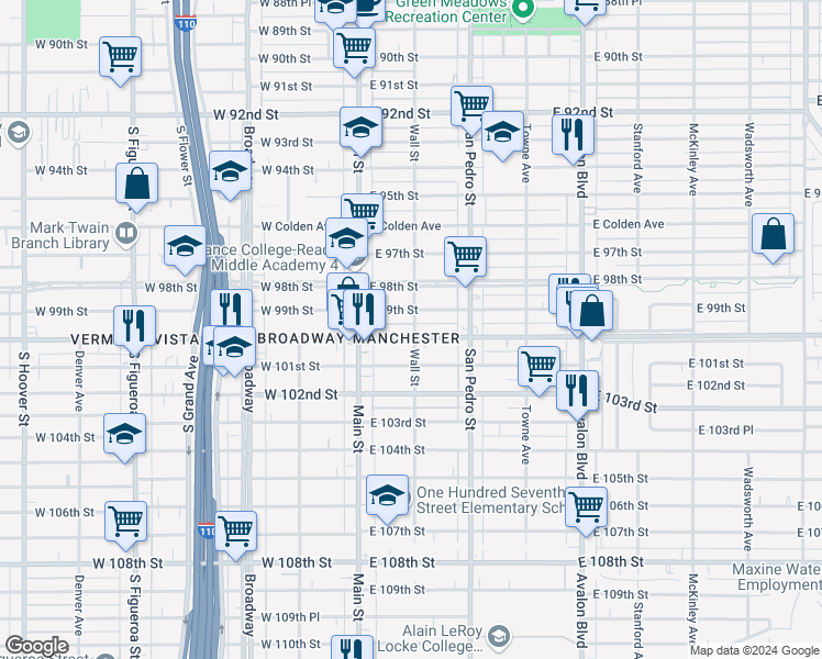 map of restaurants, bars, coffee shops, grocery stores, and more near East Century Boulevard in Los Angeles