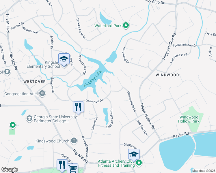 map of restaurants, bars, coffee shops, grocery stores, and more near 2398 Delverton Drive in Dunwoody