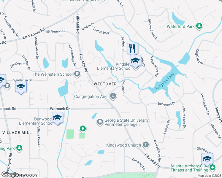 map of restaurants, bars, coffee shops, grocery stores, and more near 2117 Stephens Walk in Dunwoody