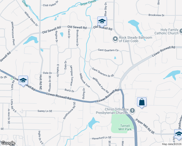 map of restaurants, bars, coffee shops, grocery stores, and more near 158 Millbrook Farm Road in Marietta