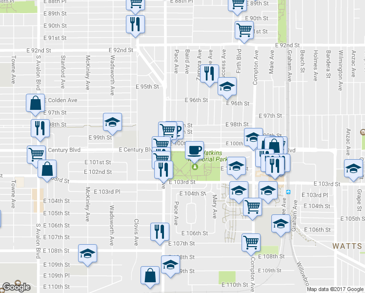 map of restaurants, bars, coffee shops, grocery stores, and more near 1238 East 100th Street in Los Angeles