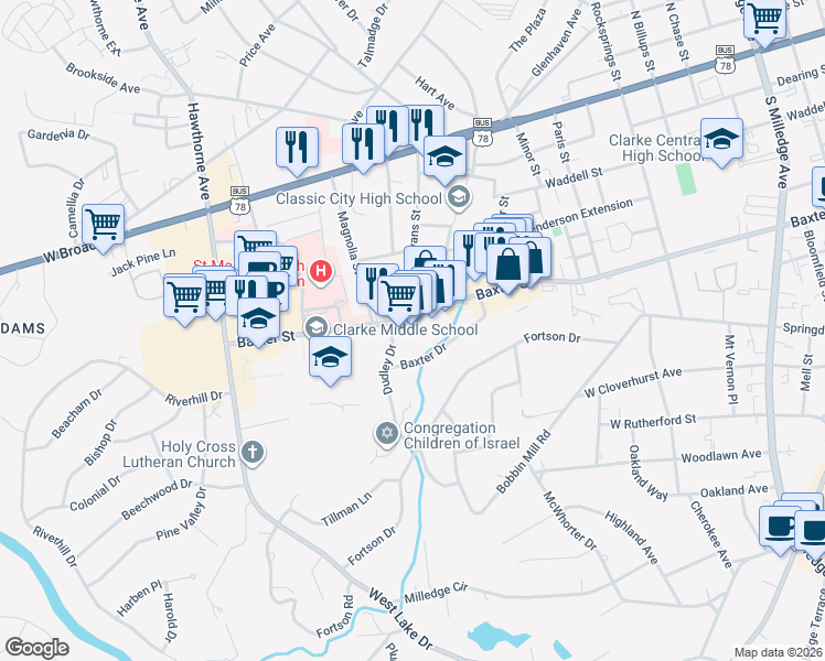 map of restaurants, bars, coffee shops, grocery stores, and more near 1088 Baxter Street in Athens