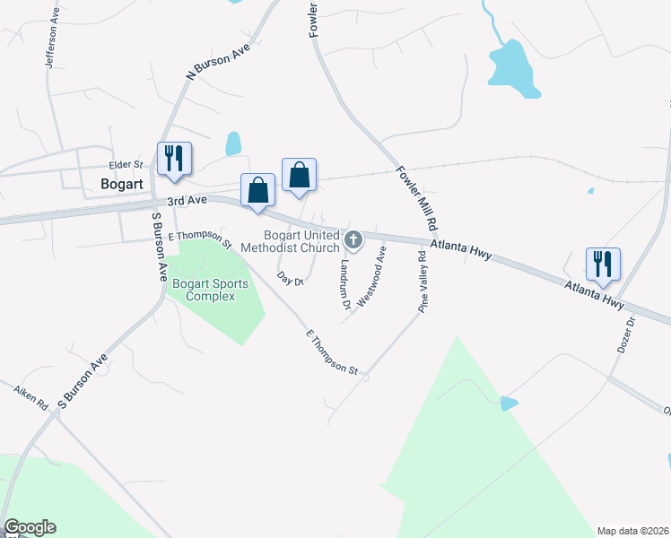 map of restaurants, bars, coffee shops, grocery stores, and more near 140 Landrum Drive in Bogart