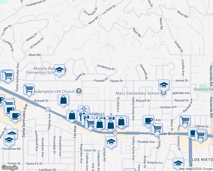 map of restaurants, bars, coffee shops, grocery stores, and more near 10108 Tigrina Avenue in Whittier
