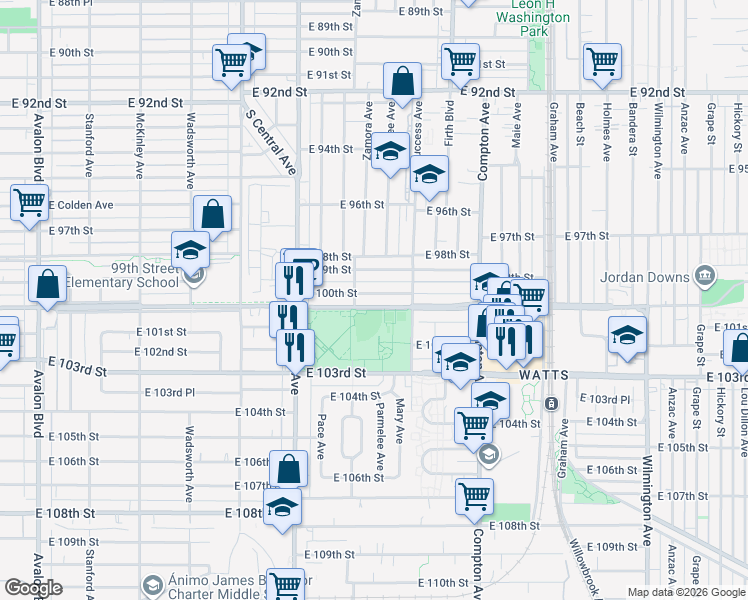 map of restaurants, bars, coffee shops, grocery stores, and more near 1318 East 100th Street in Los Angeles