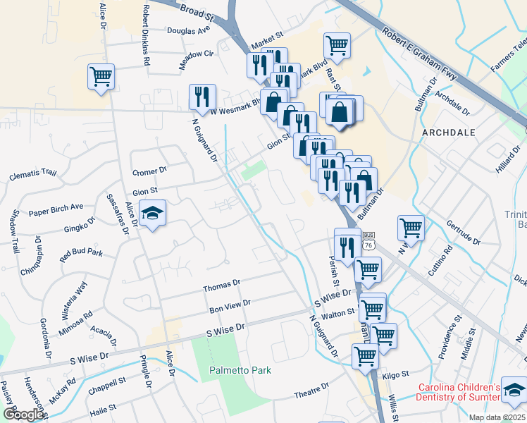 map of restaurants, bars, coffee shops, grocery stores, and more near 37 Althea Circle in Sumter