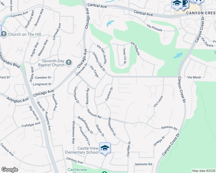 map of restaurants, bars, coffee shops, grocery stores, and more near 5820 Shaker Drive in Riverside