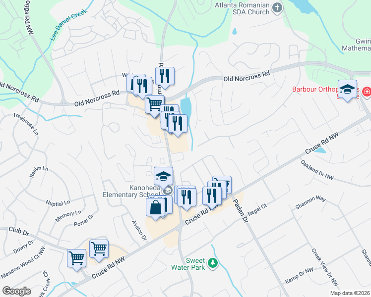 map of restaurants, bars, coffee shops, grocery stores, and more near 1098 Herrington Road in Lawrenceville