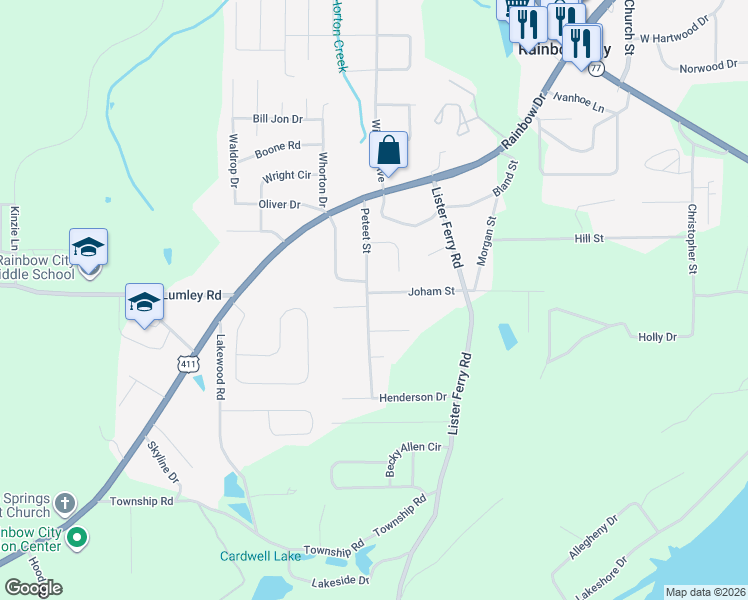 map of restaurants, bars, coffee shops, grocery stores, and more near 357 Peteet Street in Rainbow City