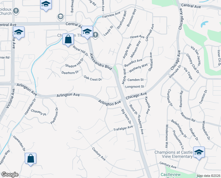 map of restaurants, bars, coffee shops, grocery stores, and more near 2174 Falcon Crest Drive in Riverside