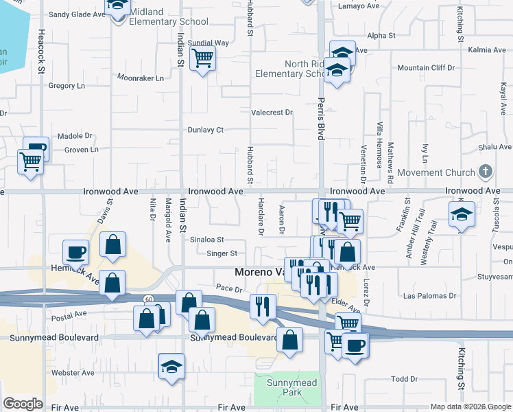 map of restaurants, bars, coffee shops, grocery stores, and more near in Moreno Valley
