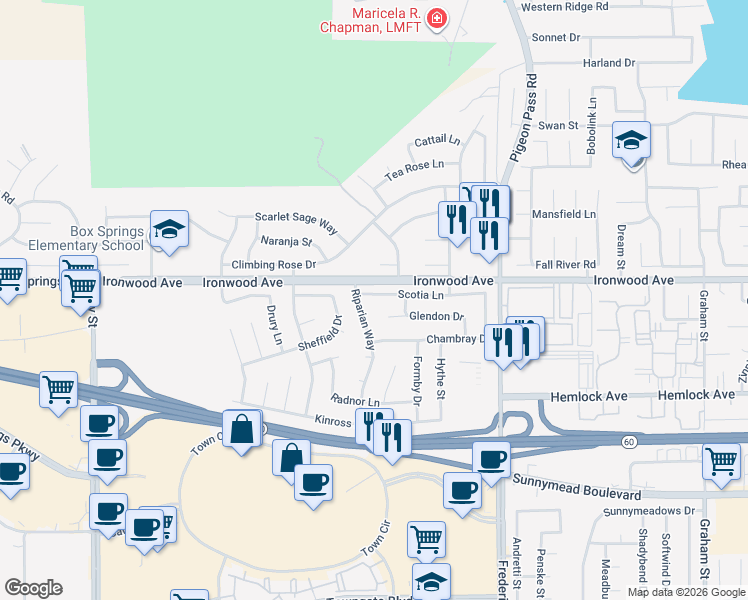 map of restaurants, bars, coffee shops, grocery stores, and more near 22696 Scotia Lane in Moreno Valley