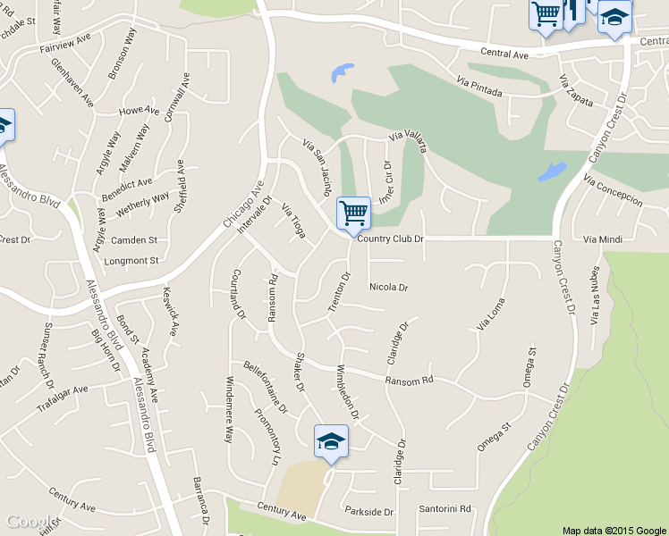 map of restaurants, bars, coffee shops, grocery stores, and more near 5820 Shaker Drive in Riverside