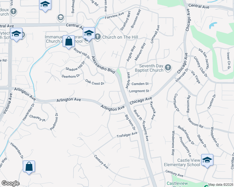 map of restaurants, bars, coffee shops, grocery stores, and more near 2147 Falcon Crest Drive in Riverside