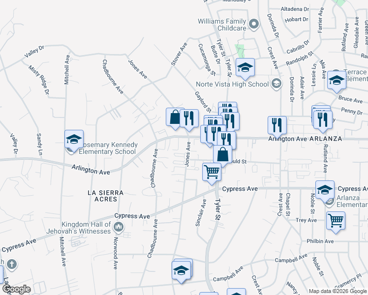 map of restaurants, bars, coffee shops, grocery stores, and more near 10410 Arlington Avenue in Riverside
