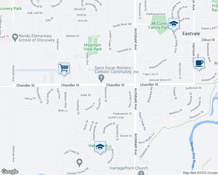map of restaurants, bars, coffee shops, grocery stores, and more near 14227 Pointer Loop in Corona