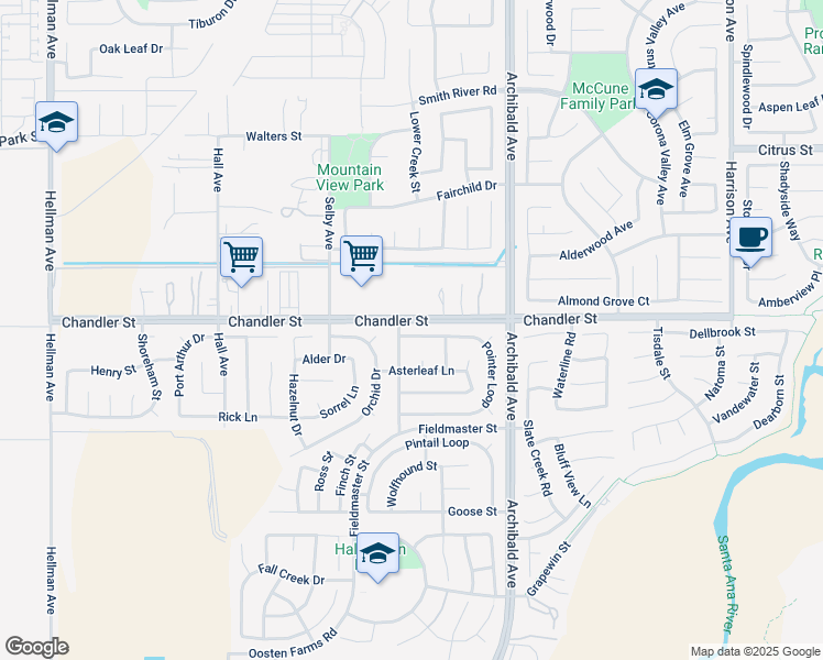map of restaurants, bars, coffee shops, grocery stores, and more near 14227 Pointer Loop in Corona