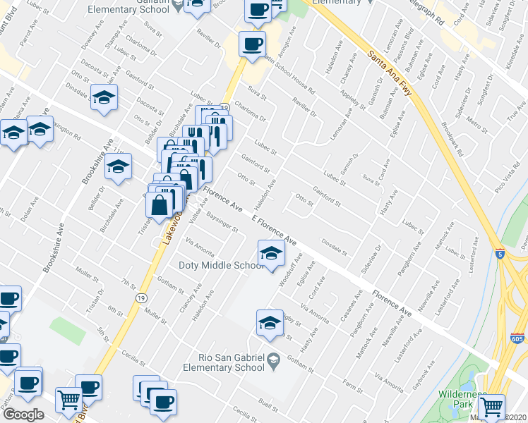 map of restaurants, bars, coffee shops, grocery stores, and more near 10033 Haledon Avenue in Downey