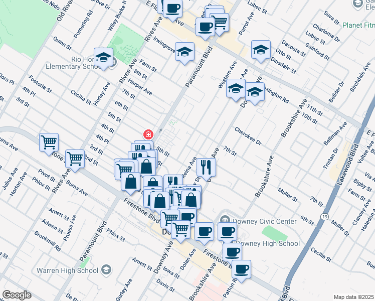 map of restaurants, bars, coffee shops, grocery stores, and more near 10645 Western Avenue in Downey