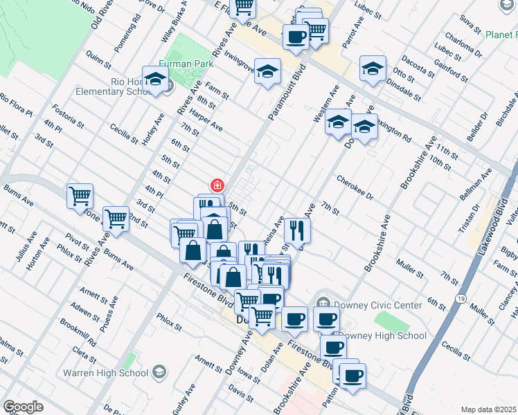 map of restaurants, bars, coffee shops, grocery stores, and more near 10645 Western Avenue in Downey