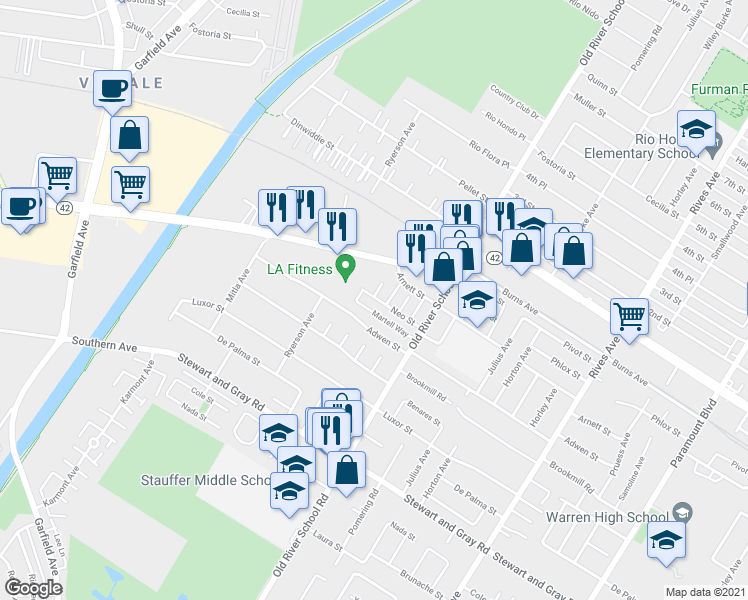 map of restaurants, bars, coffee shops, grocery stores, and more near 7230 Firestone Boulevard in Downey
