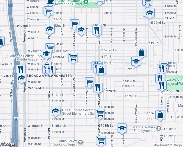 map of restaurants, bars, coffee shops, grocery stores, and more near 432 East 99th Street in Los Angeles