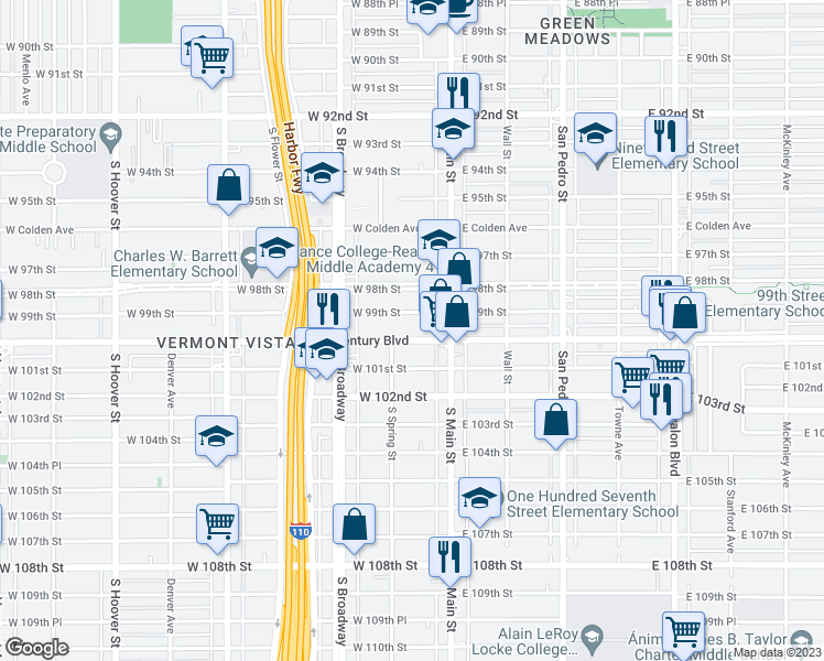 map of restaurants, bars, coffee shops, grocery stores, and more near 135 West 99th Street in Los Angeles