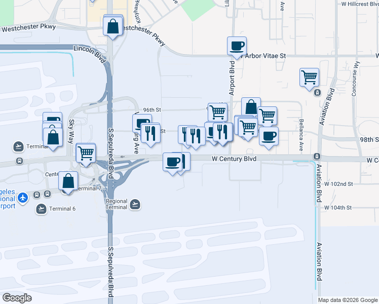 map of restaurants, bars, coffee shops, grocery stores, and more near 5985 West Century Boulevard in Los Angeles